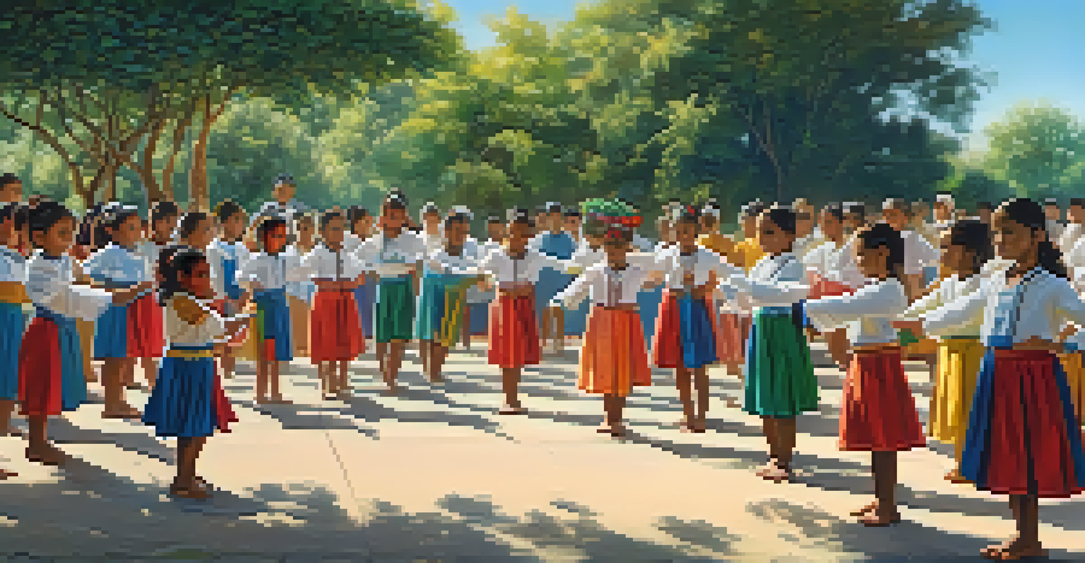 A group of children in traditional attire practicing cultural dances outdoors, surrounded by trees and flowers under a sunny sky.