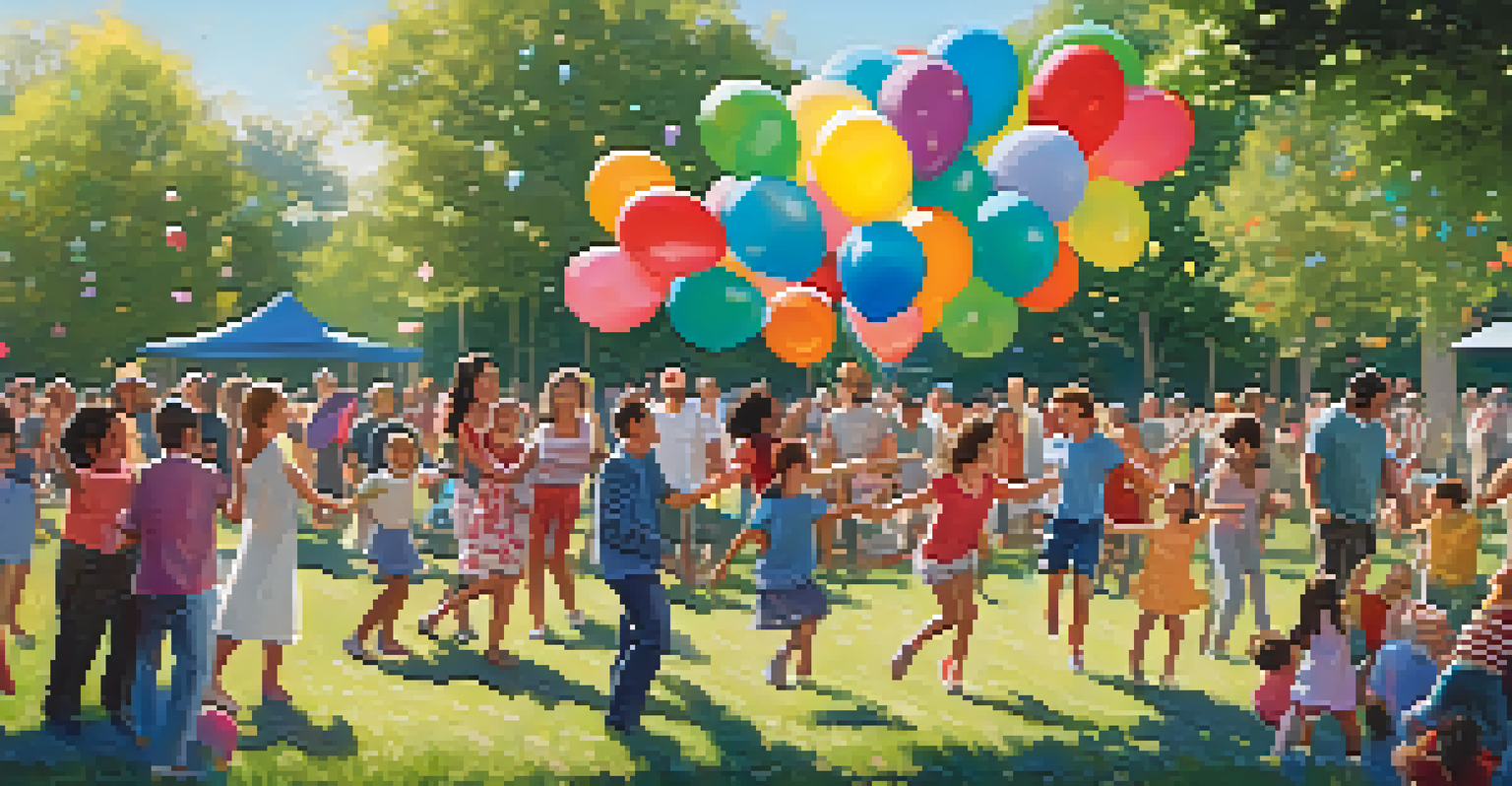 A family dancing together in a sunny park, surrounded by balloons and picnic blankets.