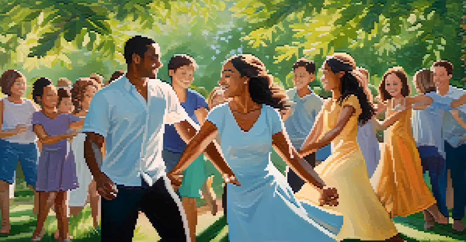 A family in a circle, collaboratively dancing outdoors in a lush green setting, symbolizing teamwork and trust, with sunlight filtering through the leaves.