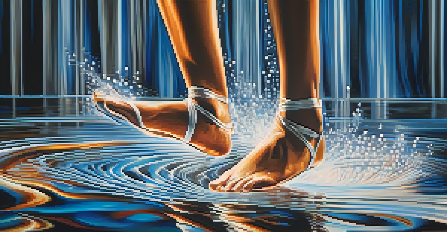 Close-up of a dancer's feet with digital water effects, showcasing intricate dance movements.
