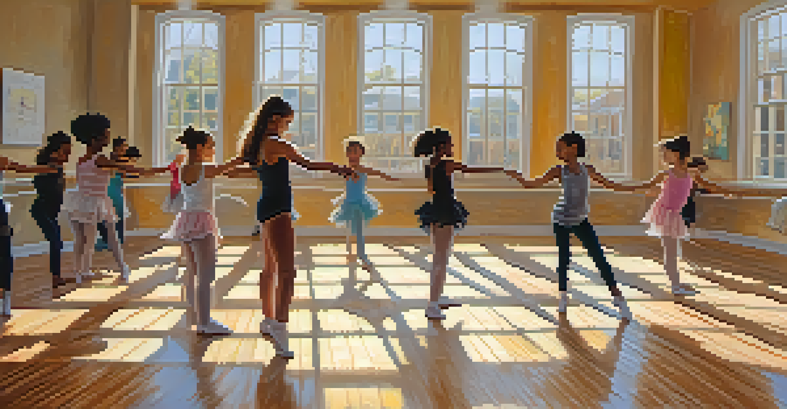 A mentor teaching a group of young dancers in a bright and inspiring indoor studio.