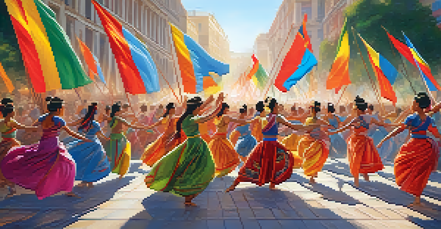 An outdoor dance performance at an international festival featuring diverse dancers in traditional costumes, symbolizing unity with colorful flags in the background.