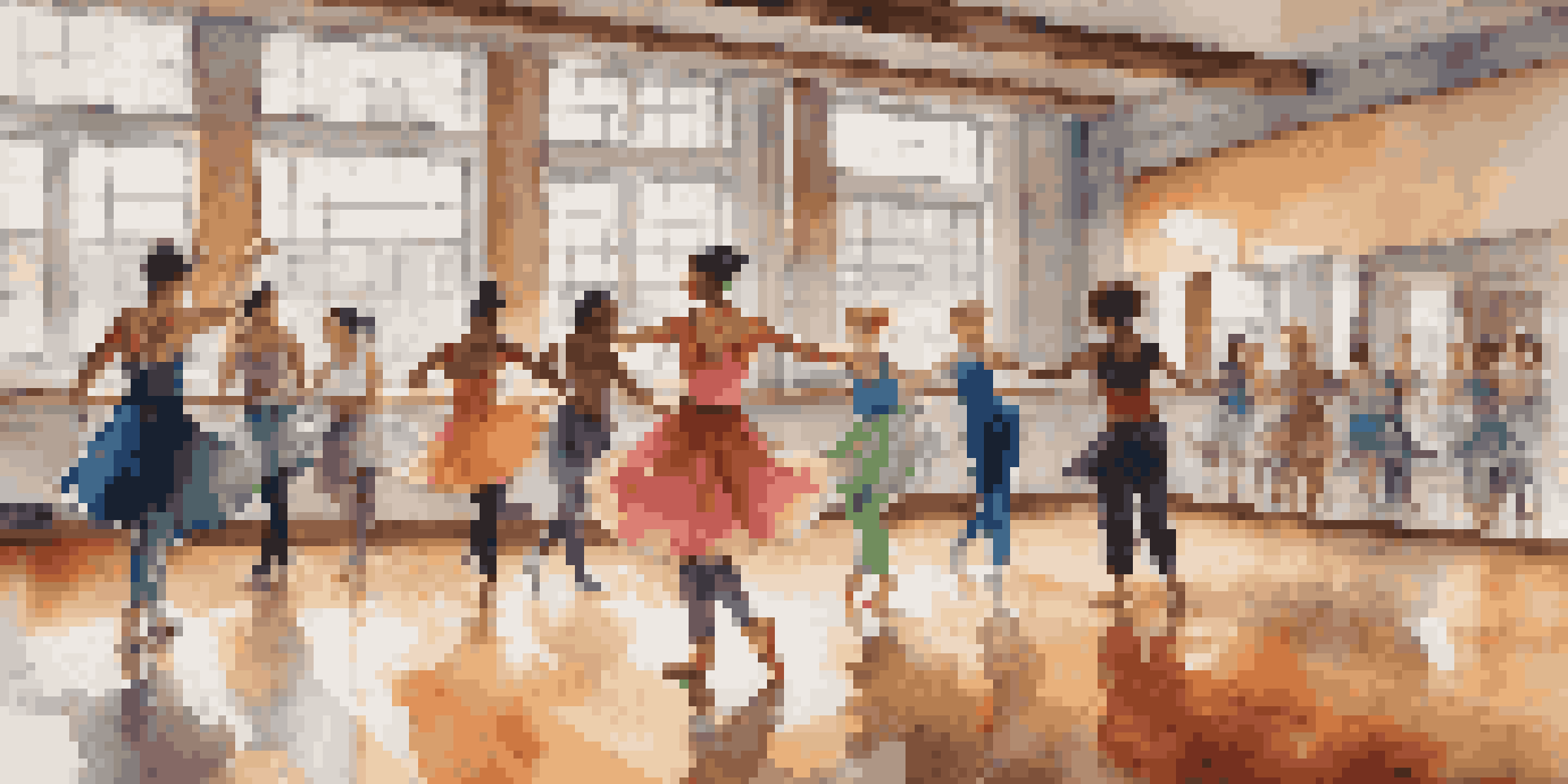 A dance studio with diverse dancers practicing various styles of dance, showcasing fluid movements and wearing colorful attire.