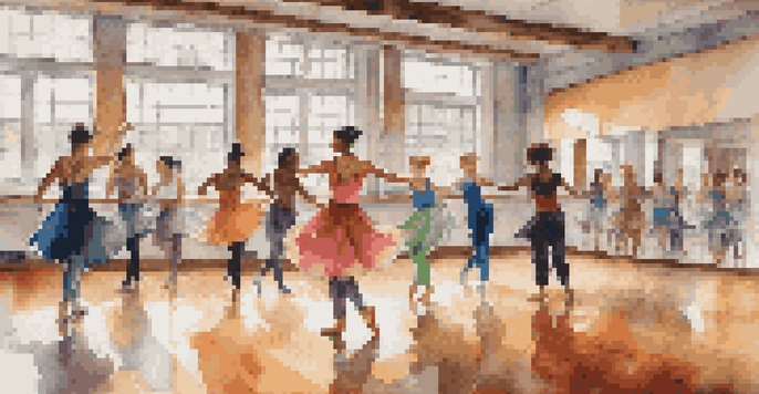 A dance studio with diverse dancers practicing various styles of dance, showcasing fluid movements and wearing colorful attire.