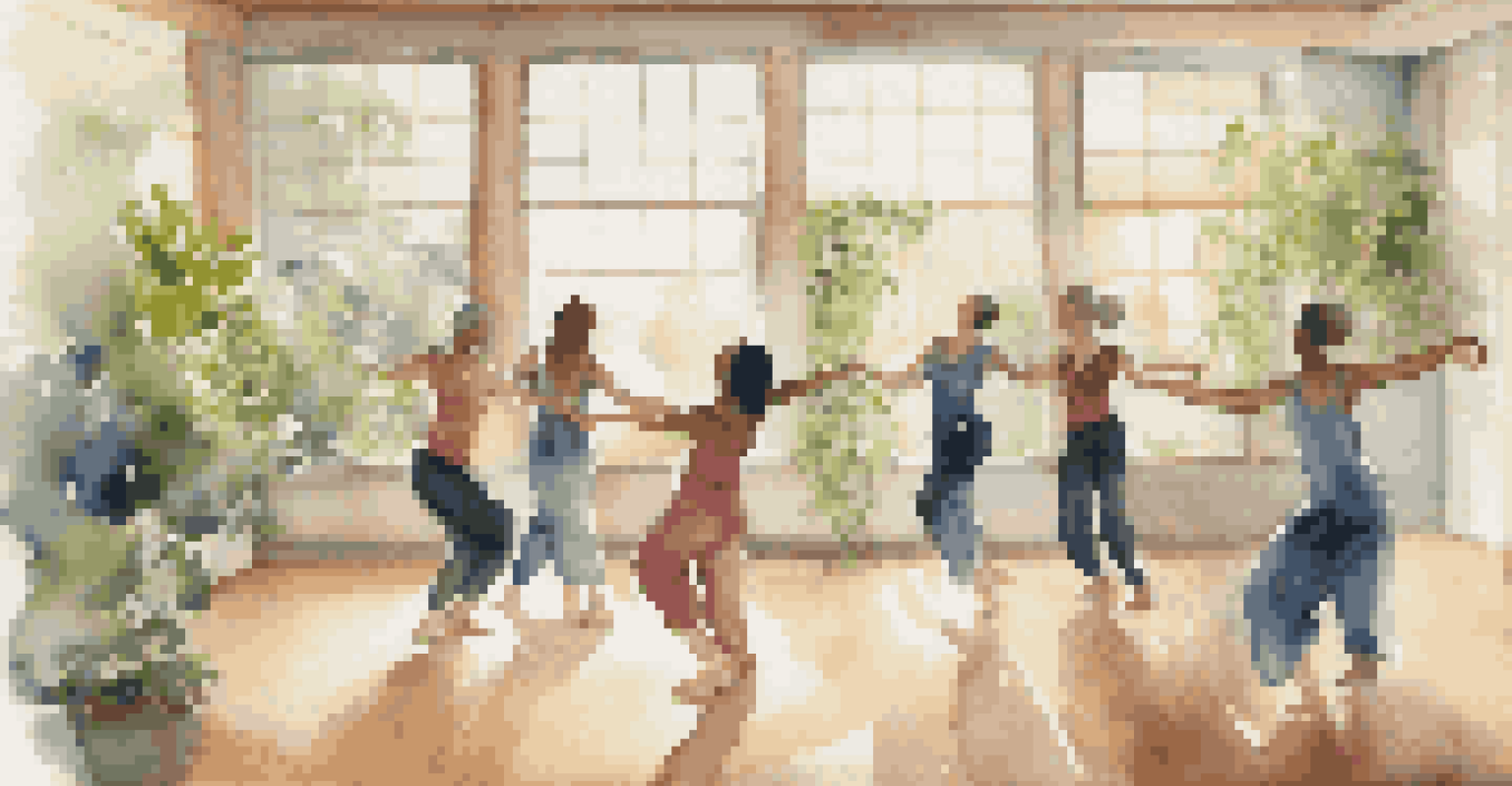 Participants in a dance therapy session expressing emotions through movement in a serene, softly lit environment with plants.