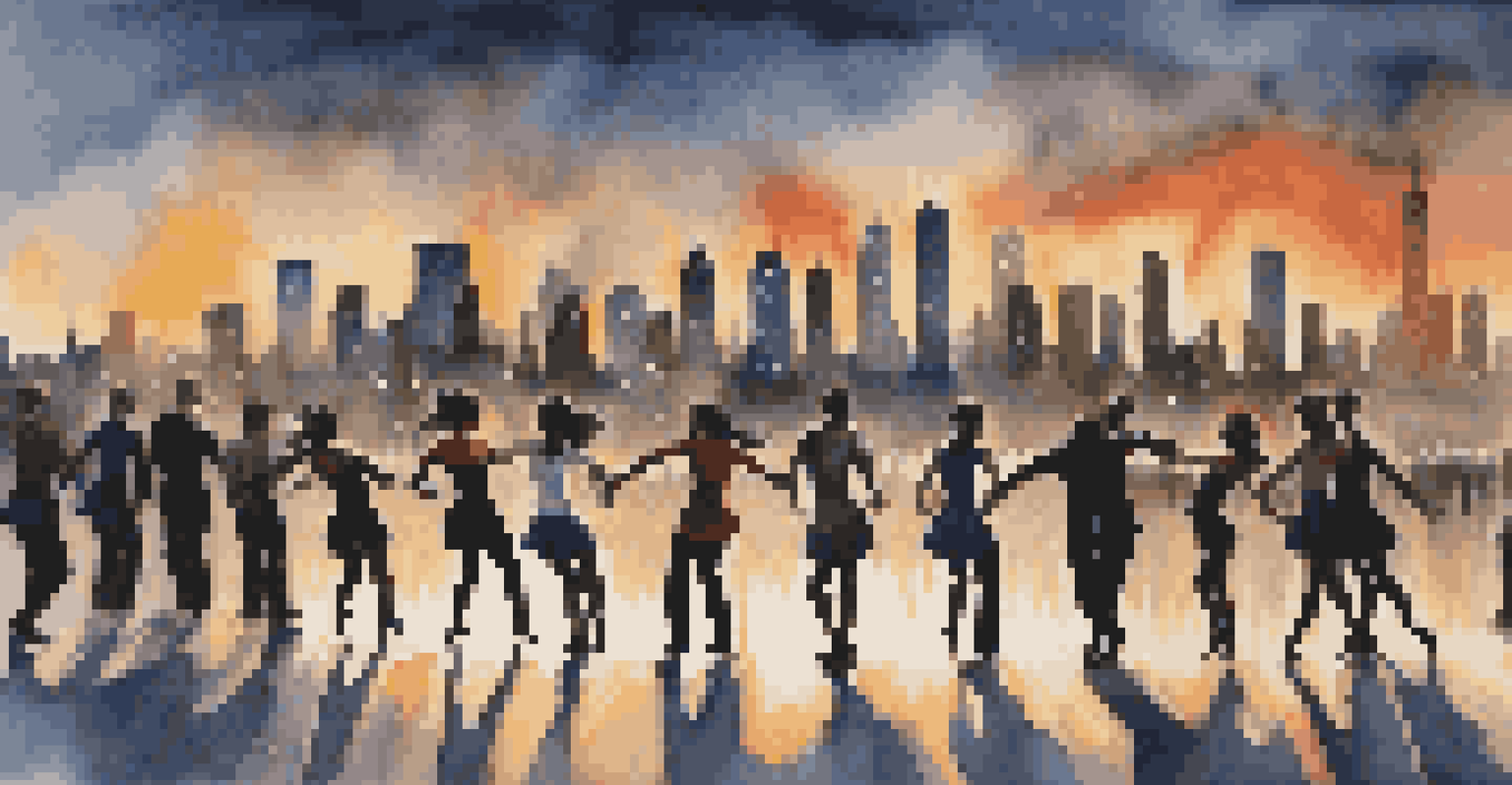 Dancers performing in an urban setting, showcasing contemporary dance with city skyline at twilight.