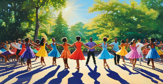 A group of diverse dancers performing different dance styles in a sunny park filled with greenery and colorful flowers.