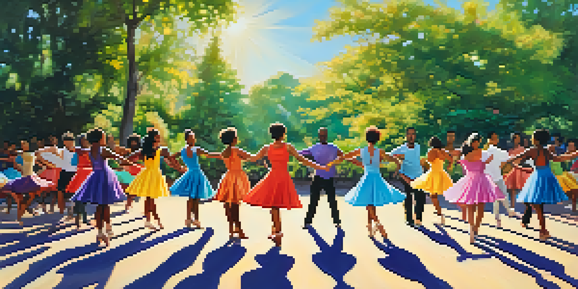 A group of diverse dancers performing different dance styles in a sunny park filled with greenery and colorful flowers.