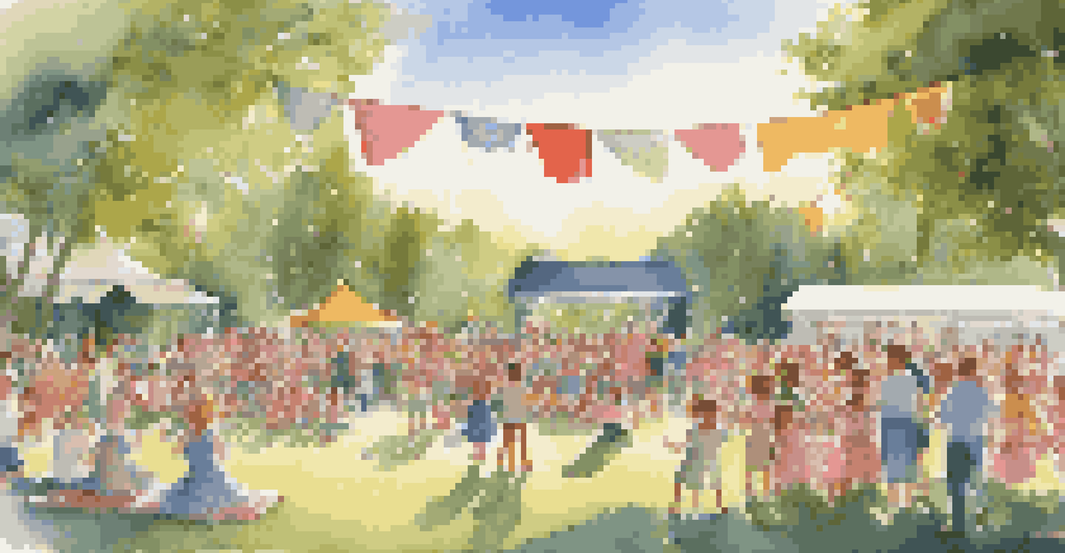 A community dance event in a park with families watching children perform on stage, decorated with bright banners and string lights.