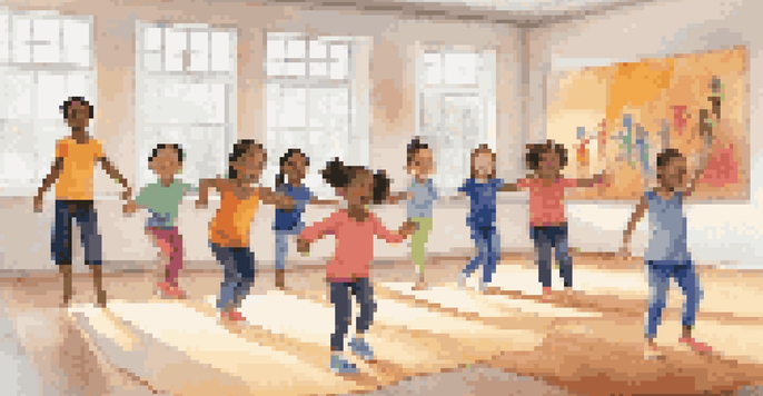 A group of children dancing joyfully in a bright studio, showcasing the warmth and inclusivity of dance therapy.