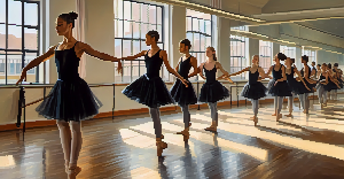 A dance studio with wooden floors and large mirrors, featuring diverse dancers practicing various dance styles in colorful attire, illuminated by natural light.
