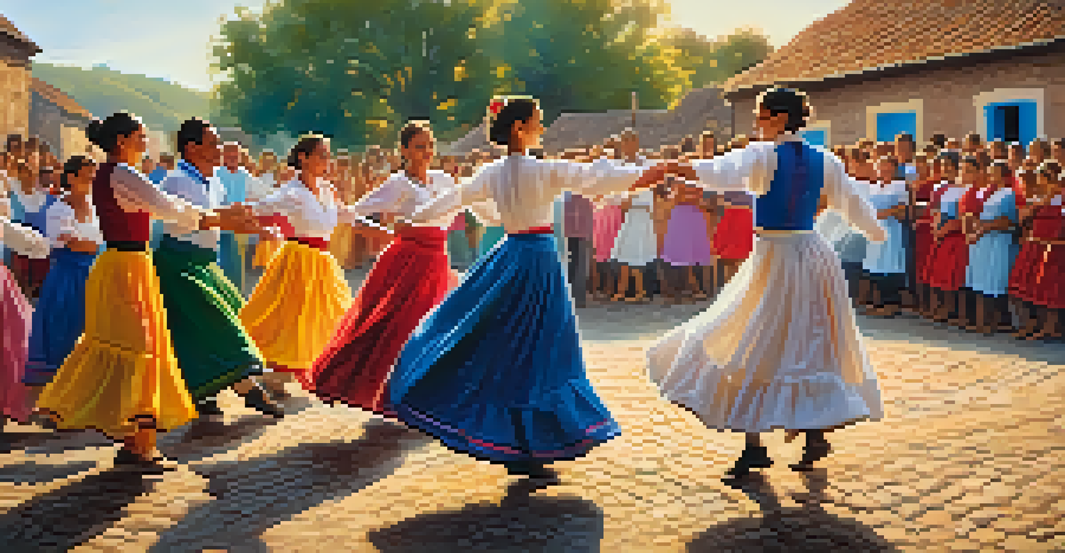 A folk dance performance in a village square, with dancers in colorful attire and an audience enjoying the lively atmosphere under warm golden sunlight.