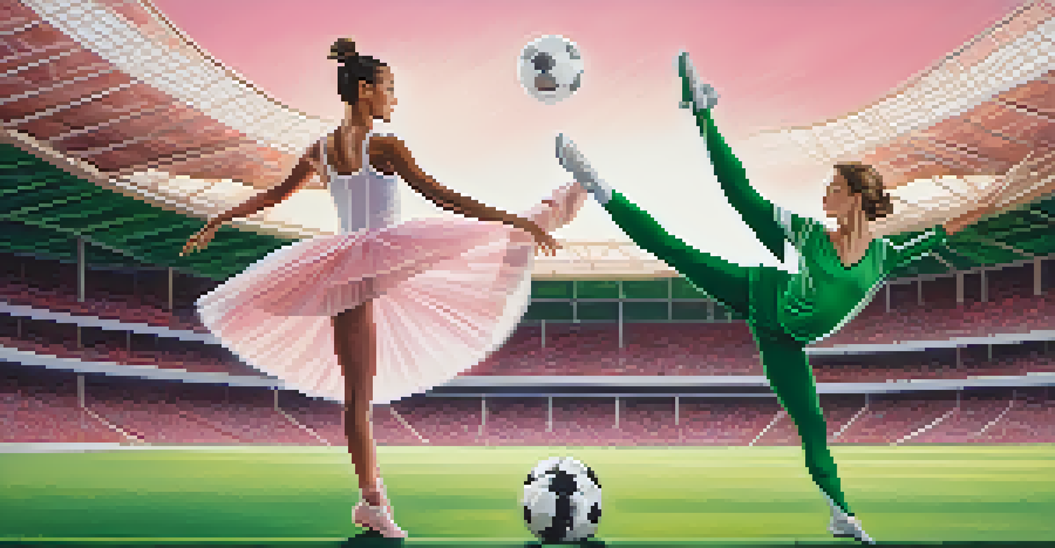 A split image of a ballerina in pink and a soccer player in green, with contrasting backgrounds of a stage and a soccer field.