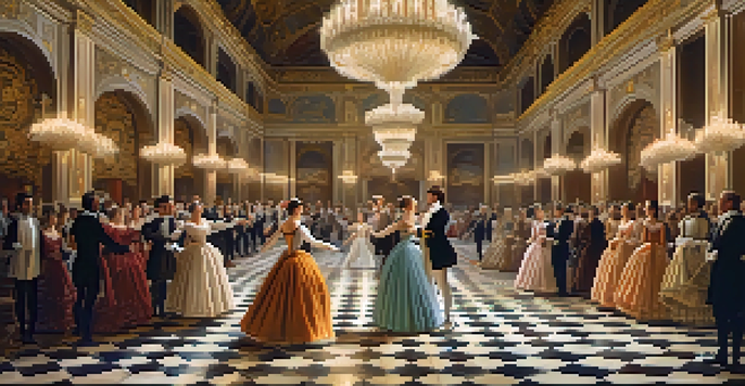 A grand ballroom filled with elegantly dressed nobles in Renaissance costumes, dancing ballet under chandeliers, with ornate decorations around.
