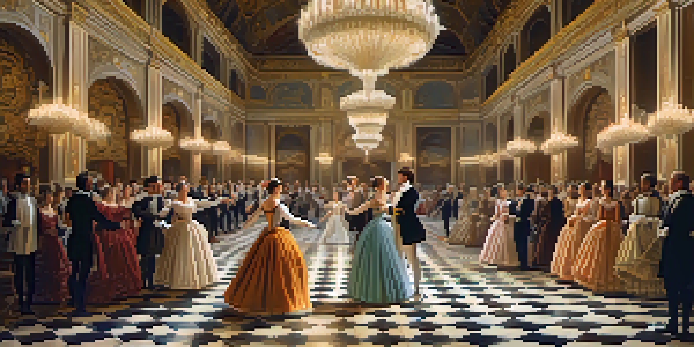 A grand ballroom filled with elegantly dressed nobles in Renaissance costumes, dancing ballet under chandeliers, with ornate decorations around.