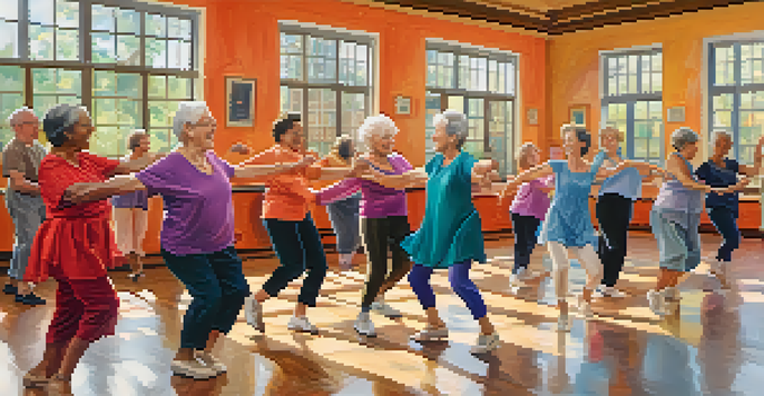 A lively dance class with older adults dancing together, expressing joy and connection in a bright studio.