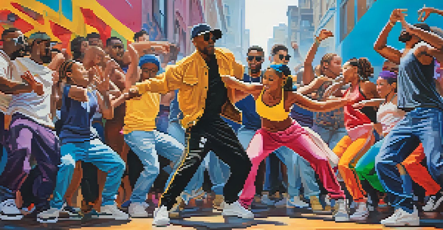 A mixed group of dancers performing hip-hop in front of a colorful graffiti backdrop, showcasing individuality.