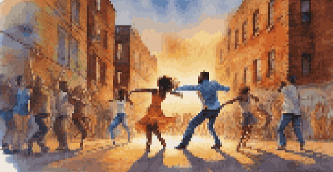 A lively urban dance battle with dancers showcasing their moves against a colorful graffiti backdrop, filled with an excited crowd.