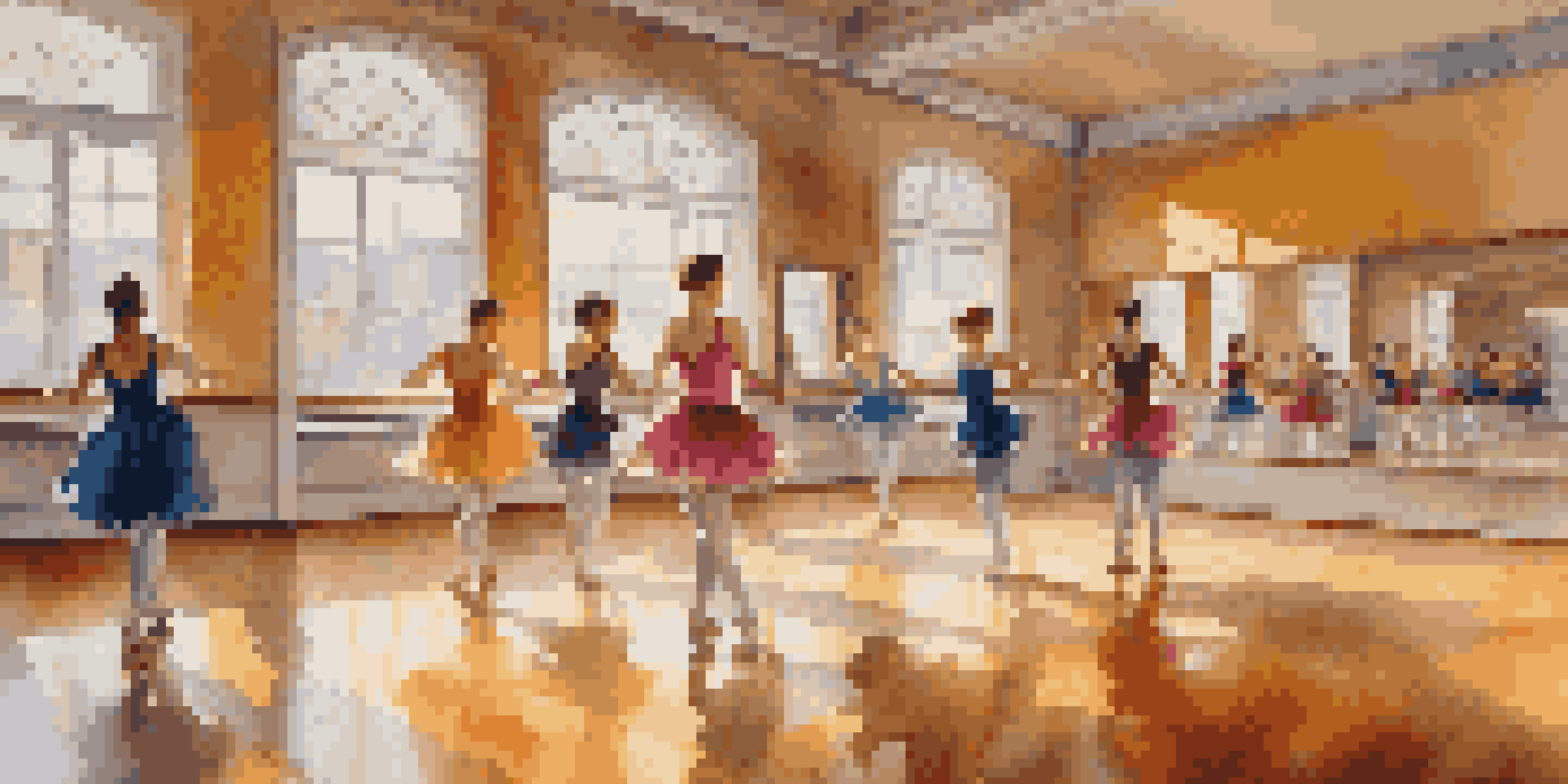 Dancers of different ages practicing in a bright dance studio with mirrors and sunlight.