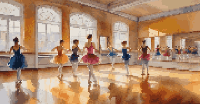 Dancers of different ages practicing in a bright dance studio with mirrors and sunlight.