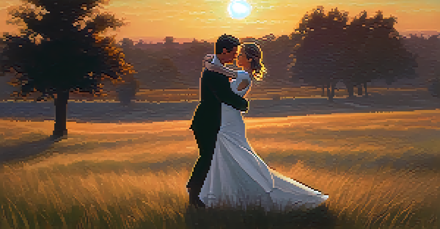 A couple dancing gracefully in a grassy field at sunset, illuminated by warm sunlight, creating a romantic atmosphere.