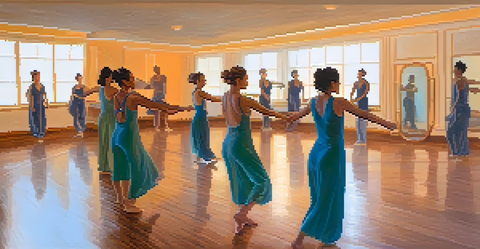 Participants in a dance therapy session gracefully moving in a softly lit studio, reflecting emotions through their movements, with a calming ambiance.