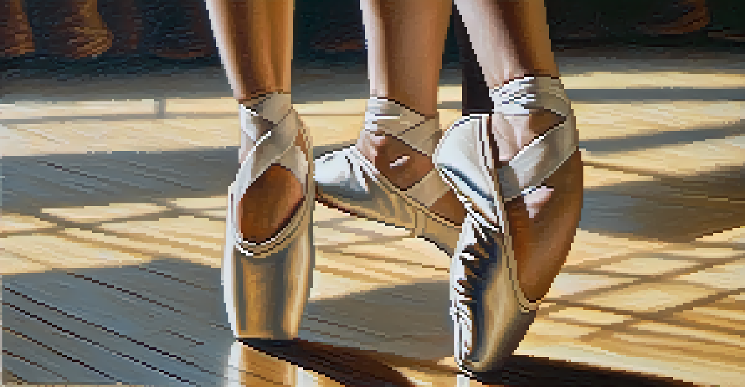 Close-up of a dancer's feet in ballet shoes, showcasing the elegance of the pose and the texture of the floor.