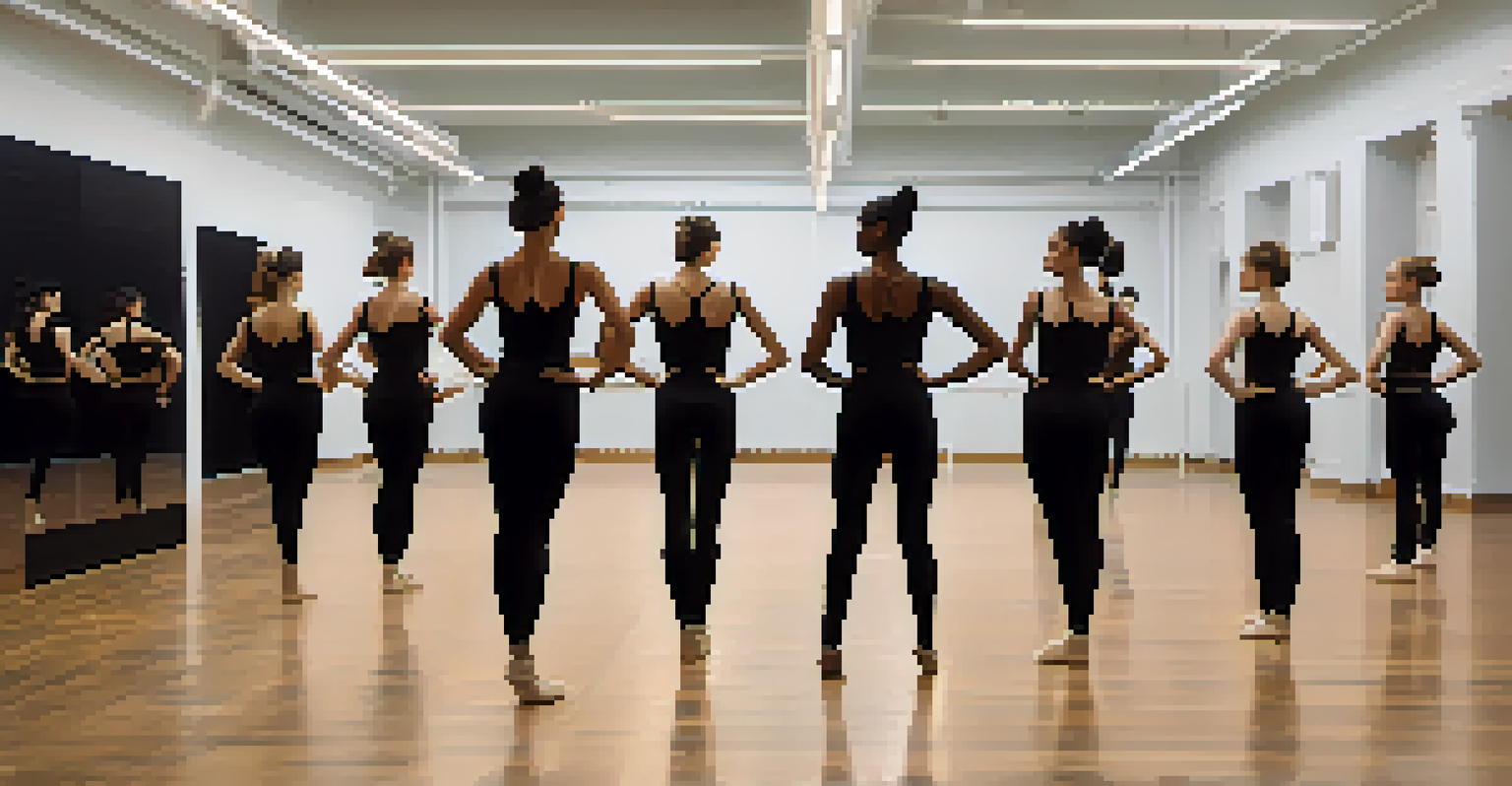 A choreographer demonstrating a movement to attentive dancers in a well-lit rehearsal space.