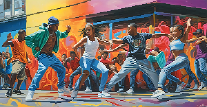 A diverse group of hip-hop dancers performing energetically in a colorful urban setting with graffiti.
