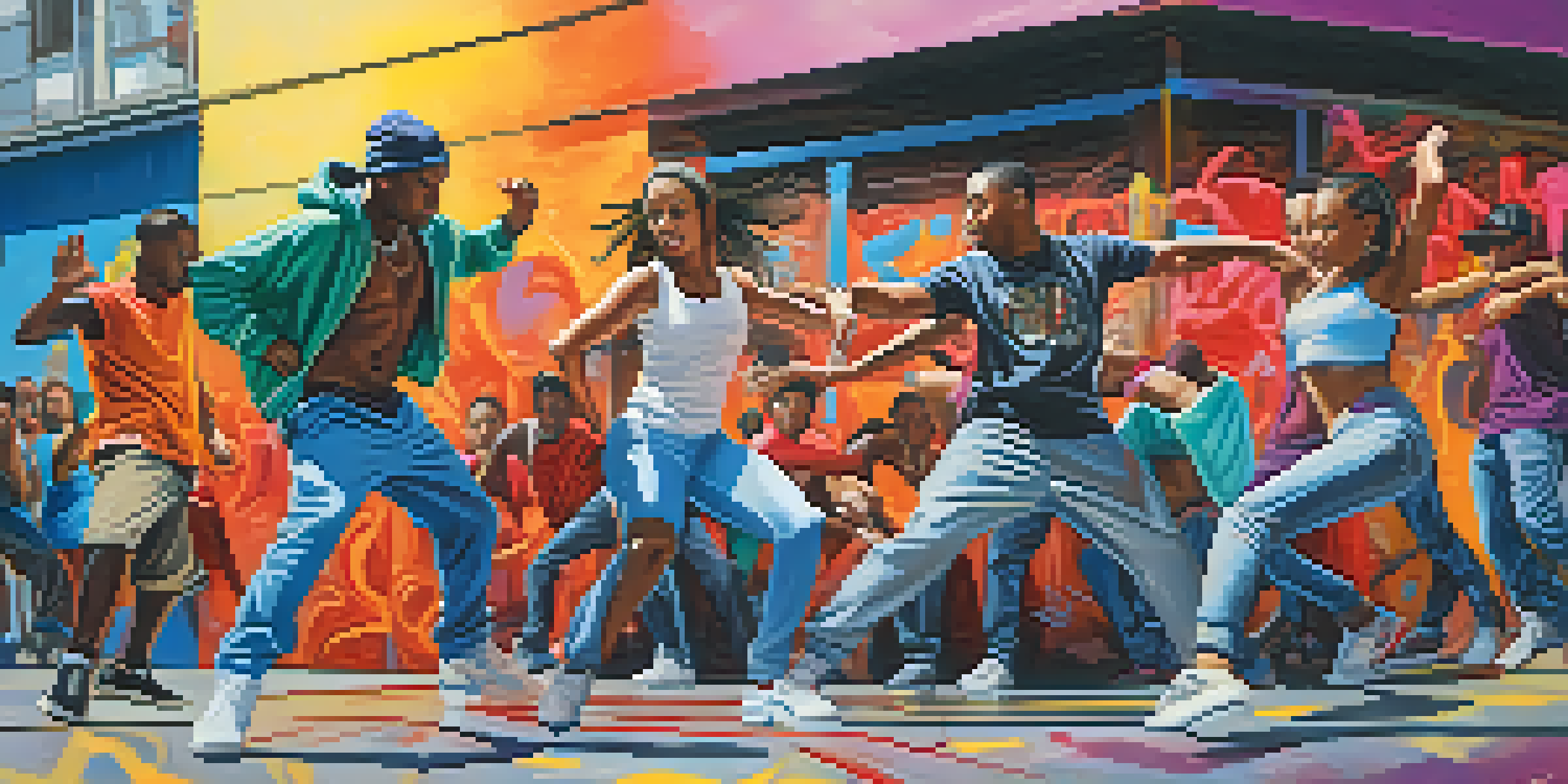 A diverse group of hip-hop dancers performing energetically in a colorful urban setting with graffiti.