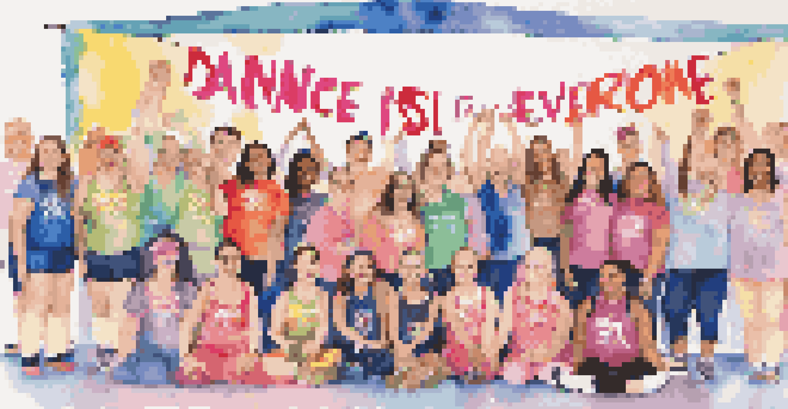 A group of smiling individuals in dance outfits pose together after an adaptive dance workshop, celebrating inclusivity and joy.
