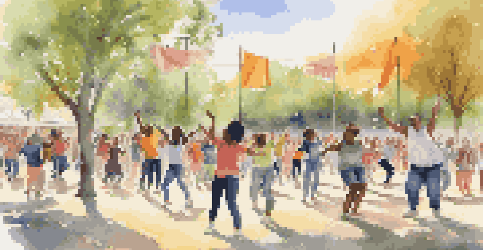 A diverse group of people participating in a krumping workshop in a park, showcasing a sense of community and learning.