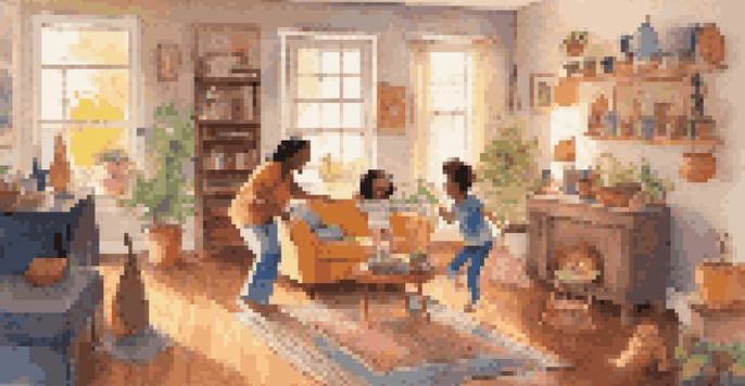 A parent and child dancing joyfully in a cozy, colorful living room with soft lighting and musical instruments.