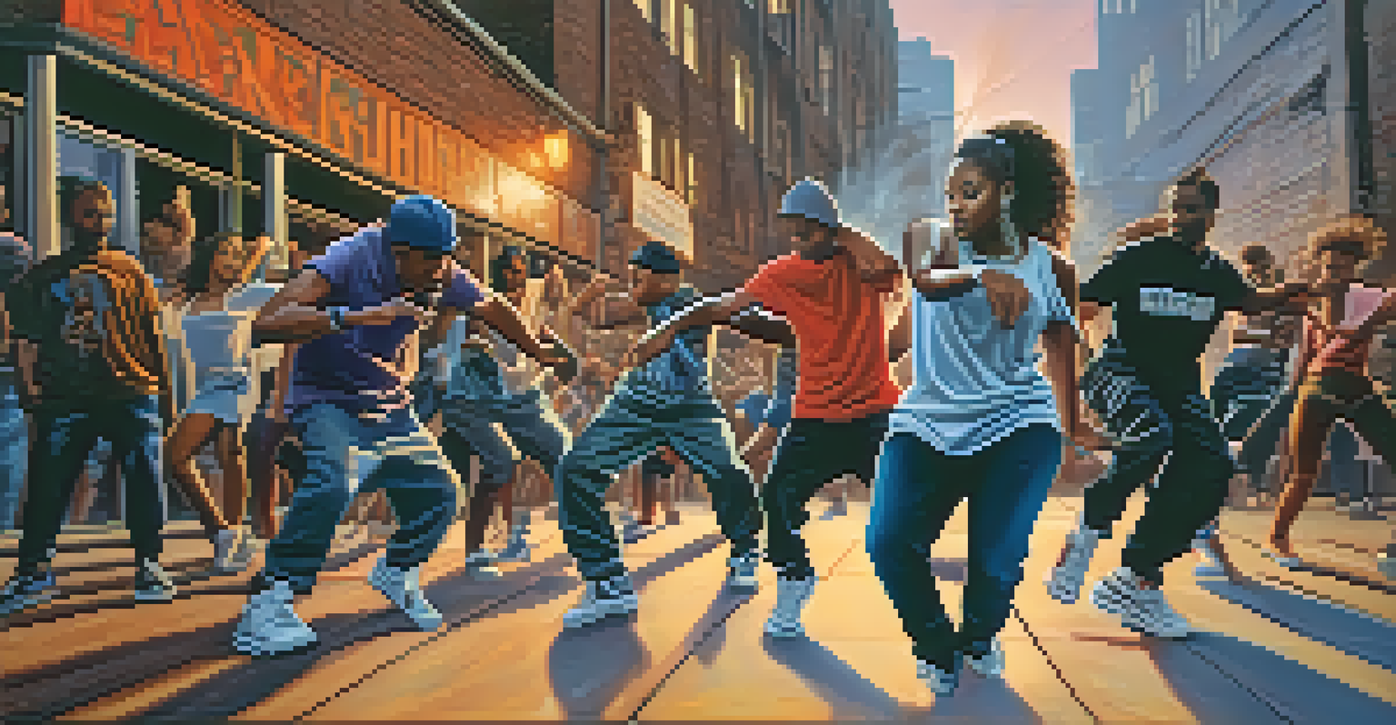 A group of dancers performing hip-hop in an urban environment with graffiti and twilight lighting.