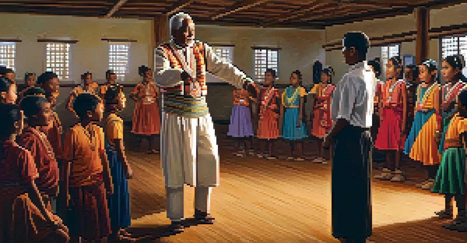 An elder demonstrating dance steps to young Indigenous dancers in a community hall filled with native art and warm lighting.