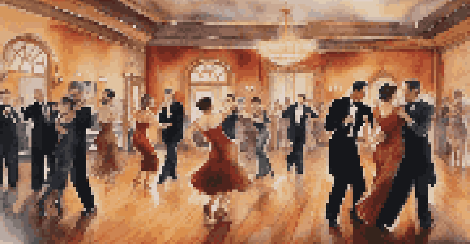 A lively tango salon with dancers of different ages performing various styles, surrounded by vintage decor and soft lighting, with a live band playing in the background.