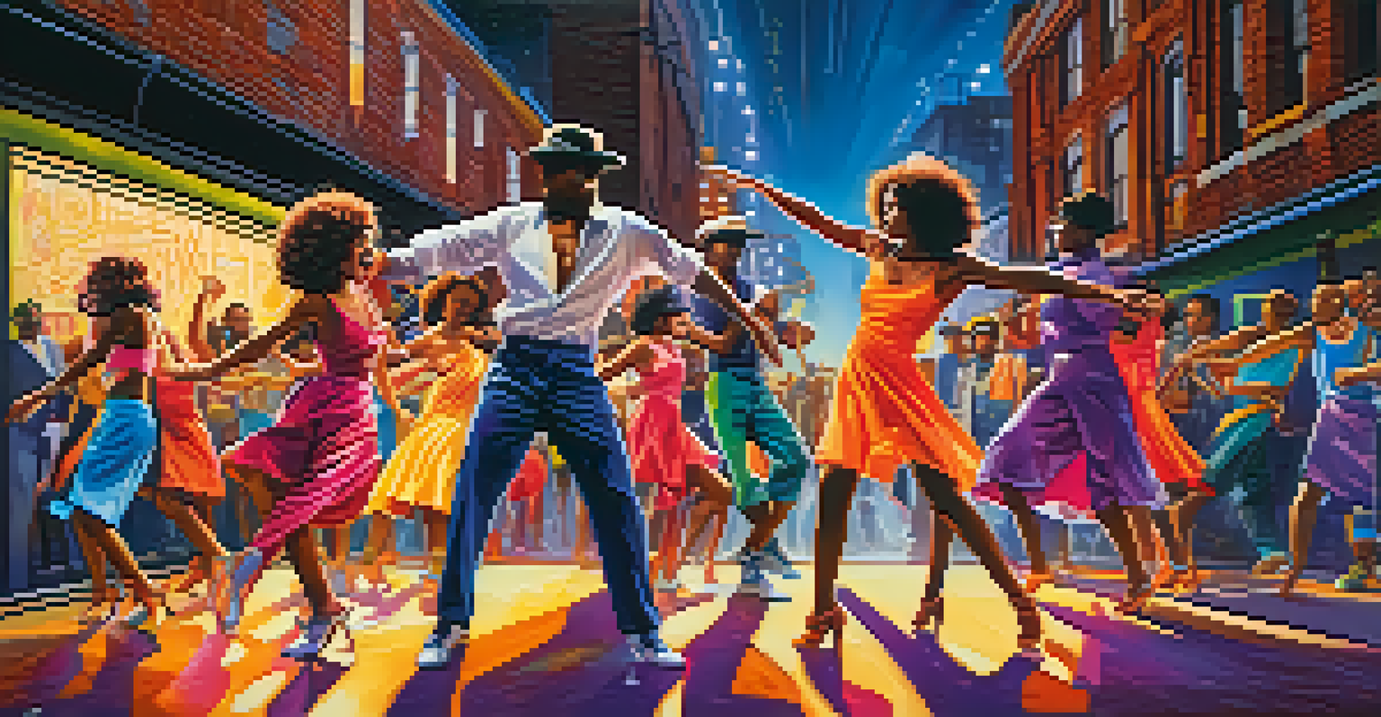 A group of dancers performing jazz dance in an urban environment with colorful outfits and graffiti backgrounds.
