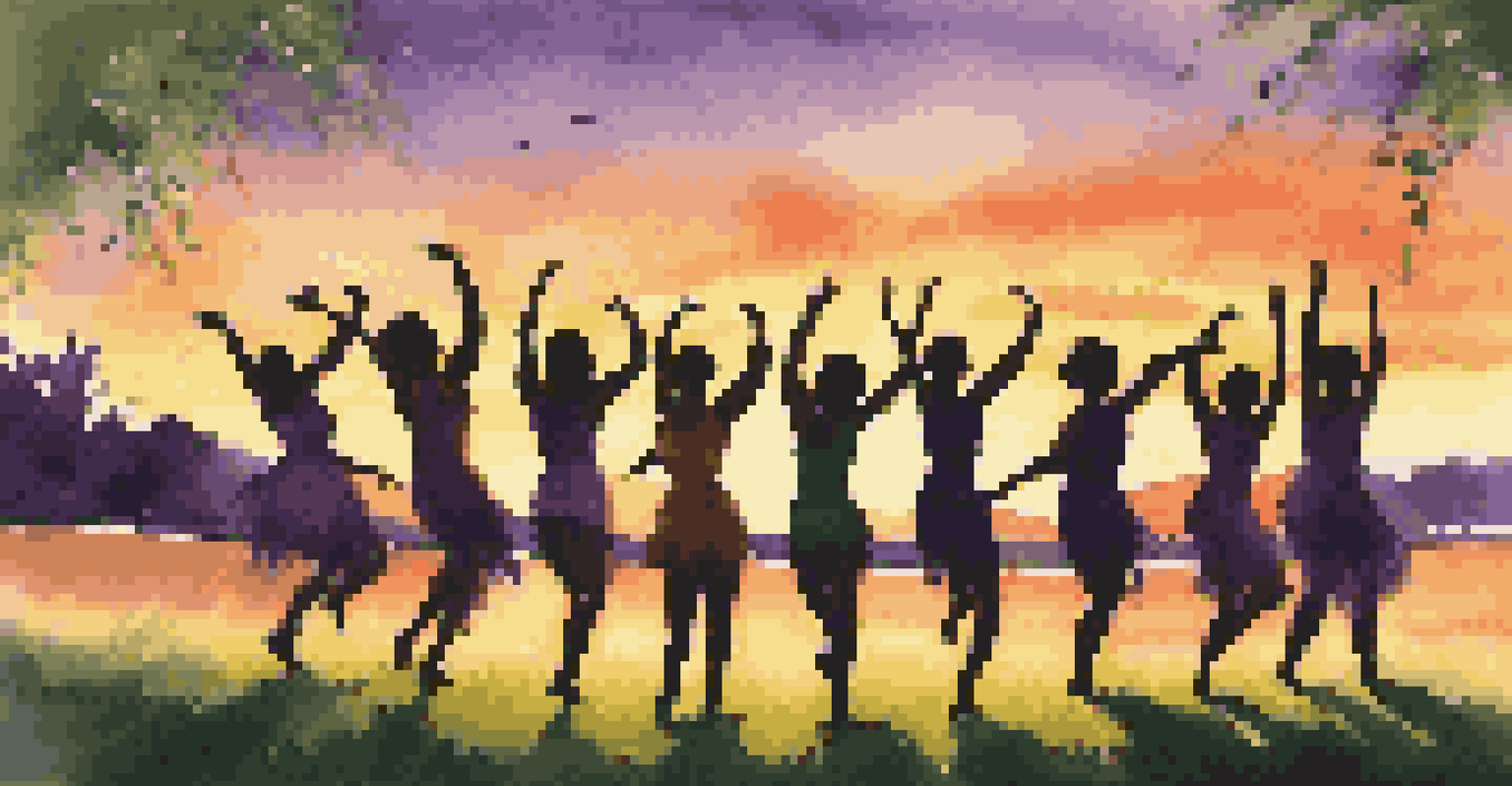 A group of friends dancing outdoors at sunset, surrounded by a vibrant sky and greenery.