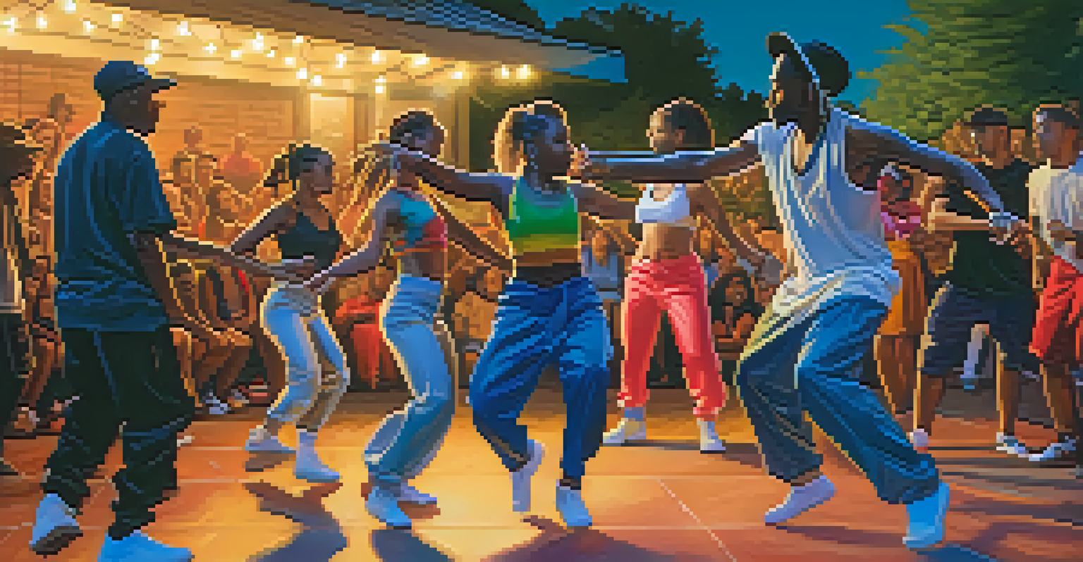 A group of diverse dancers performing together in an outdoor community space, blending hip-hop styles with colorful costumes and soft evening lighting.