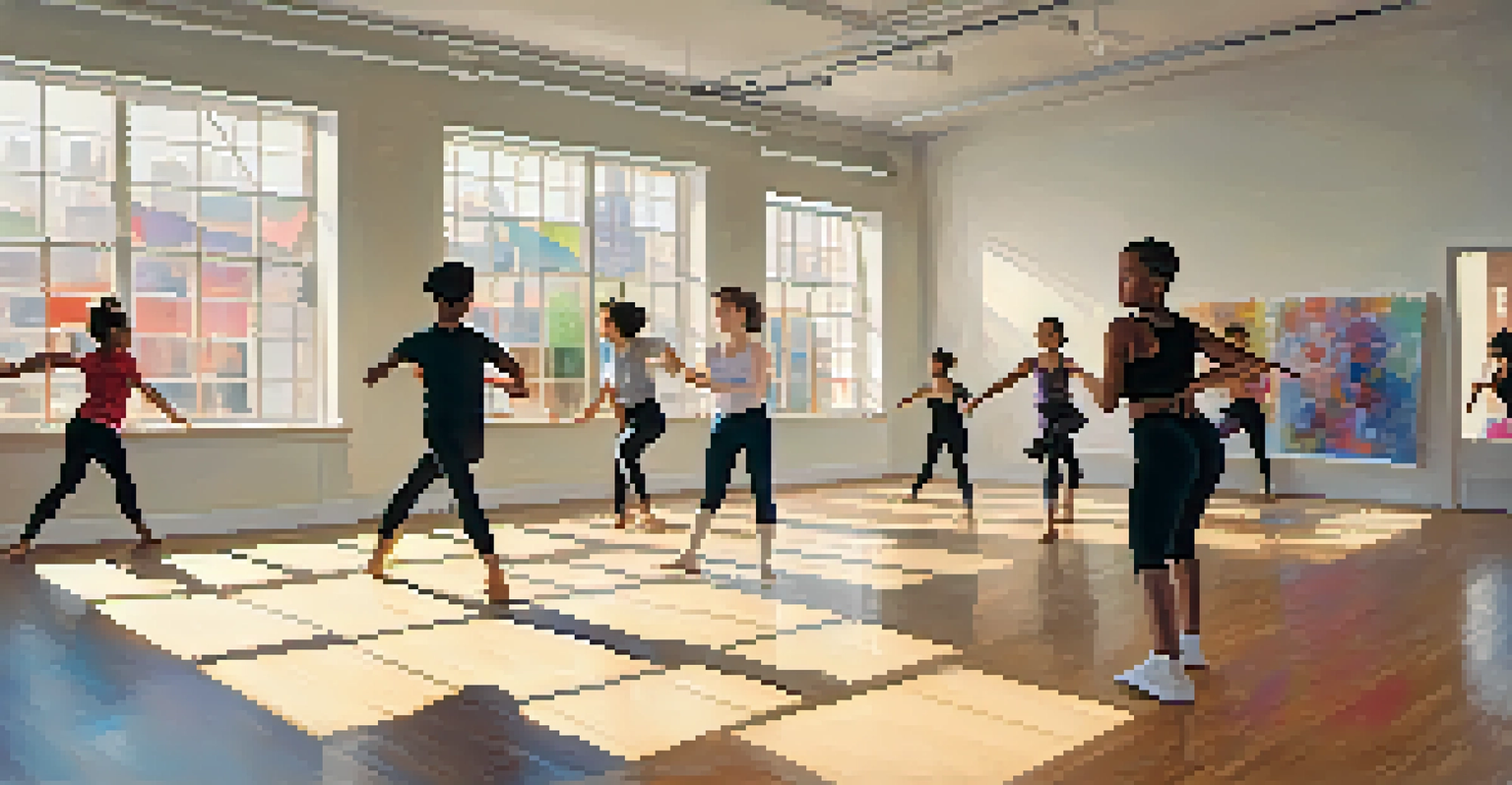 A contemporary dance workshop with a diverse group of participants learning, showcasing an instructor demonstrating movements in a bright studio.