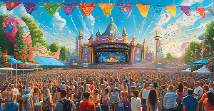 A lively festival scene at Tomorrowland in Belgium with colorful decorations, art installations, and crowds of people dancing.