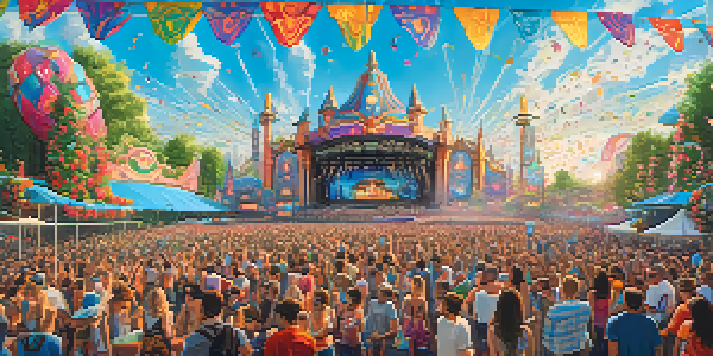 A lively festival scene at Tomorrowland in Belgium with colorful decorations, art installations, and crowds of people dancing.