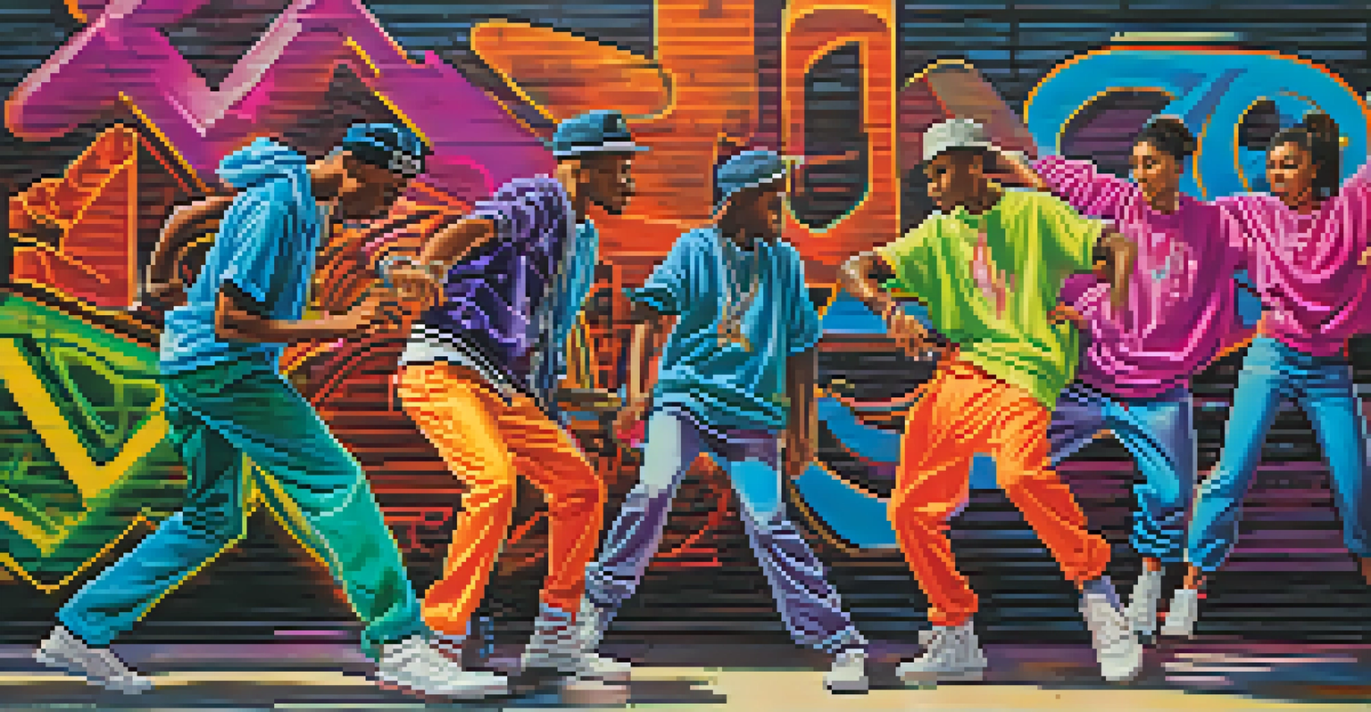 A group of young dancers performing hip-hop in an urban street setting, surrounded by graffiti and illuminated by neon colors.