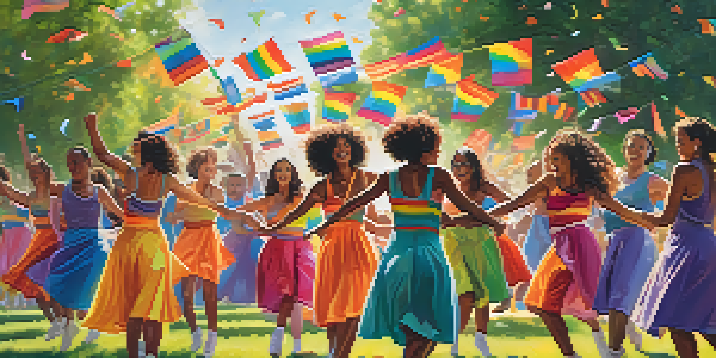 A lively outdoor Pride celebration with diverse dancers in colorful outfits performing under the sun, surrounded by rainbow flags and greenery.