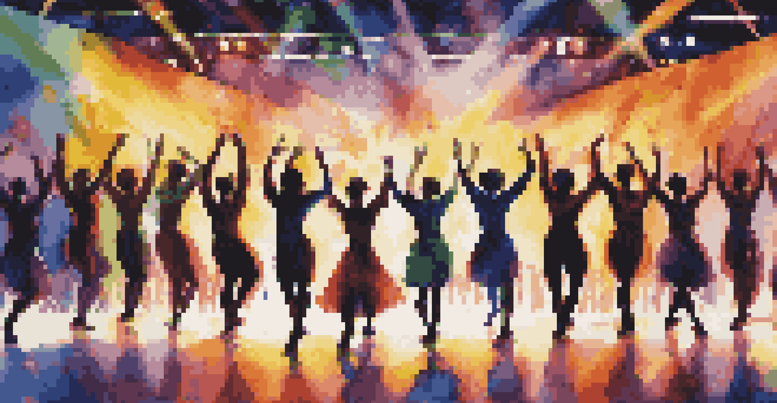 A jubilant dance finale with dancers from different teams coming together on stage, celebrating unity with colorful lights and a cheering audience.
