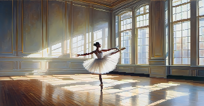 A ballet dancer in a white tutu performing a plie in a sunlit studio, with wooden floors and large mirrors in the background.