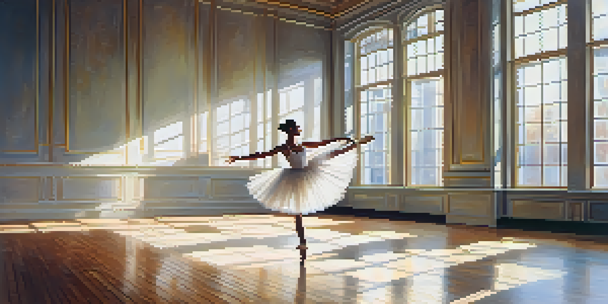 A ballet dancer in a white tutu performing a plie in a sunlit studio, with wooden floors and large mirrors in the background.
