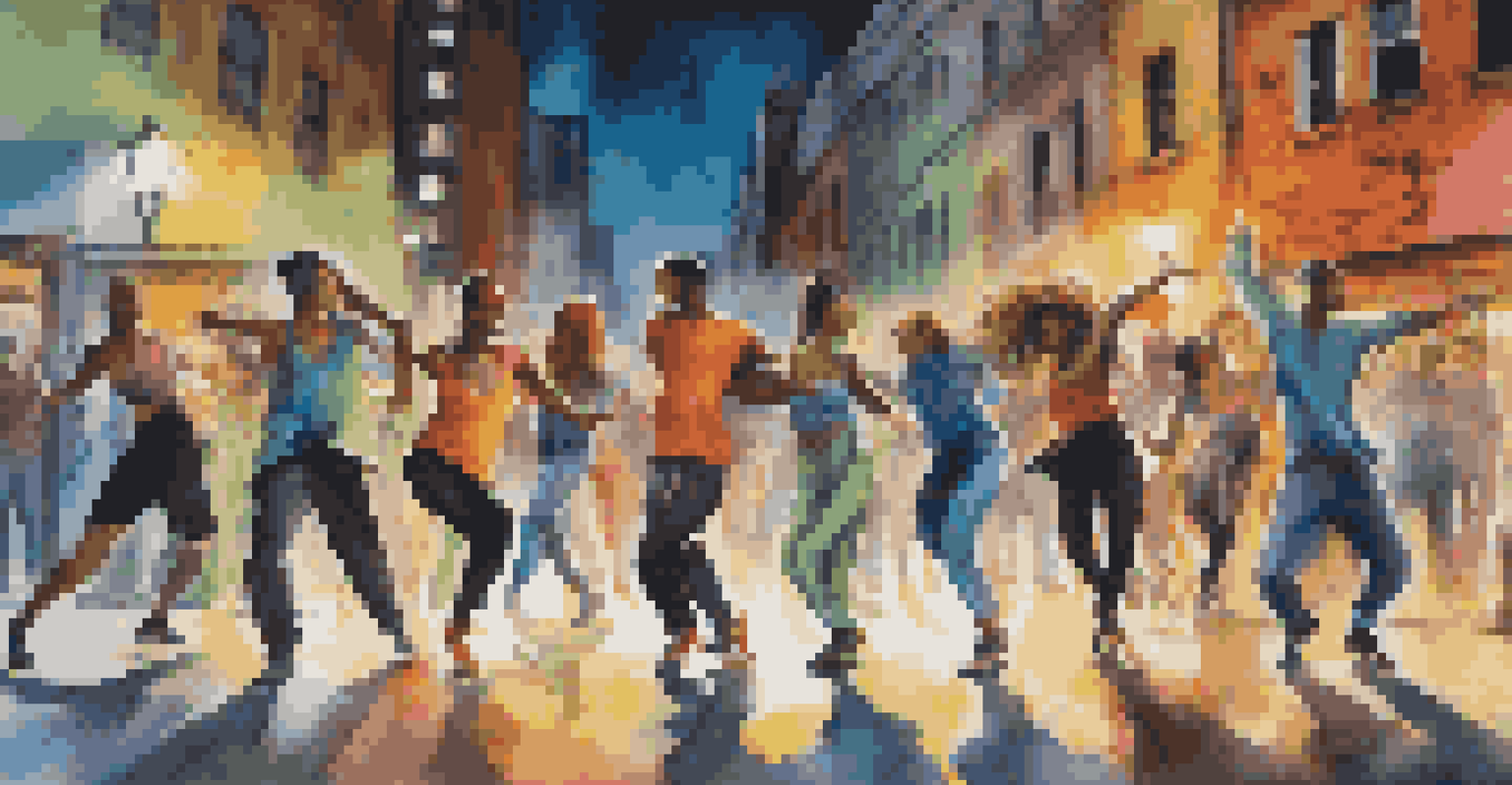 A modern dance performance on a city street at night with dancers in urban attire, surrounded by colorful streetlights and graffiti.
