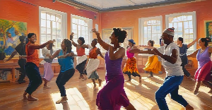 A lively dance workshop with diverse participants and an energetic instructor in a bright, culturally decorated studio.