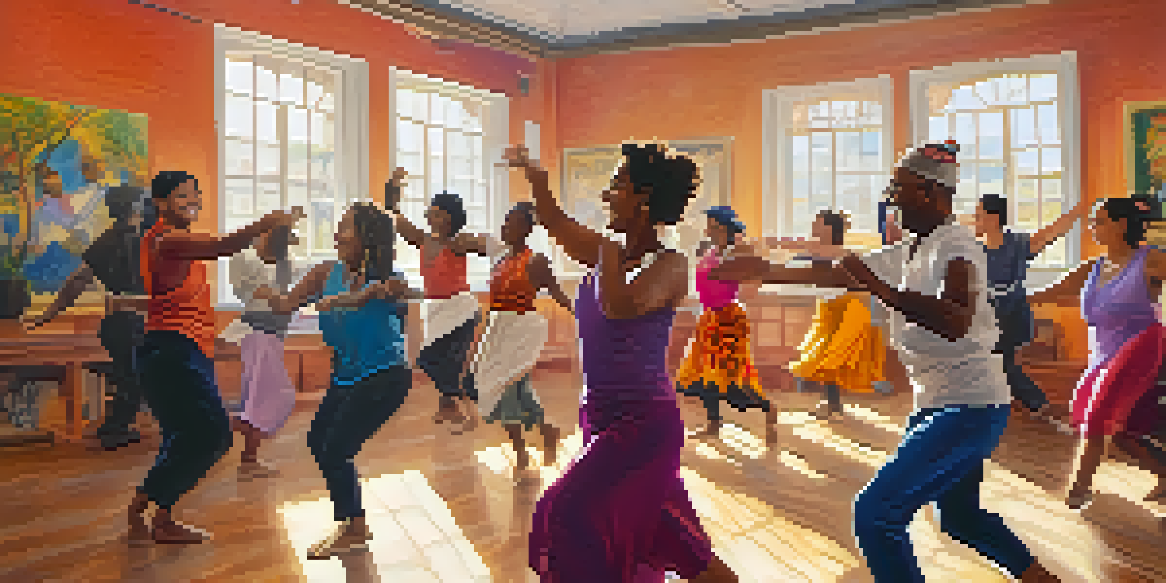 A lively dance workshop with diverse participants and an energetic instructor in a bright, culturally decorated studio.